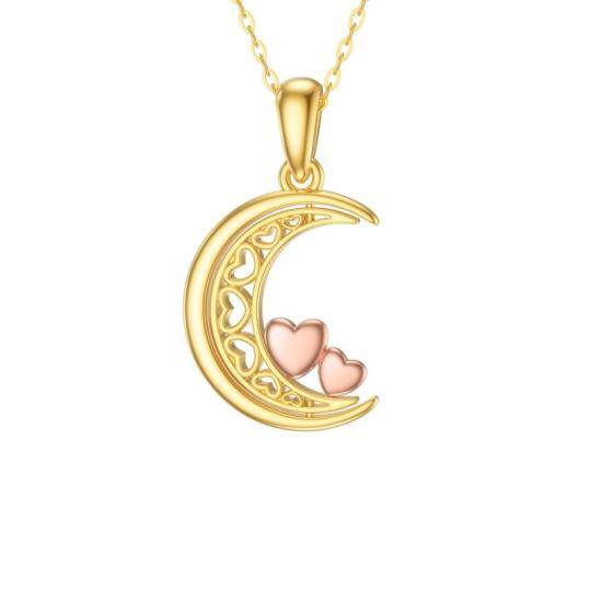 Collier avec pendentif lune et cœurs entrelacés en or 14 carats bicolore pour femme