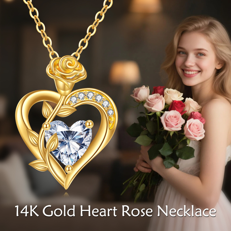 Collar con colgante de oro de 14 quilates con circonia cúbica en forma de rosa y corazón-5