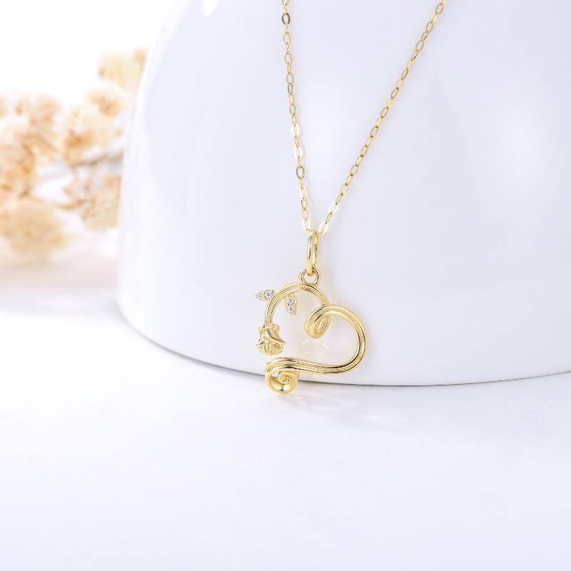 Colar com pingente de coração e rosa em ouro 14K-3