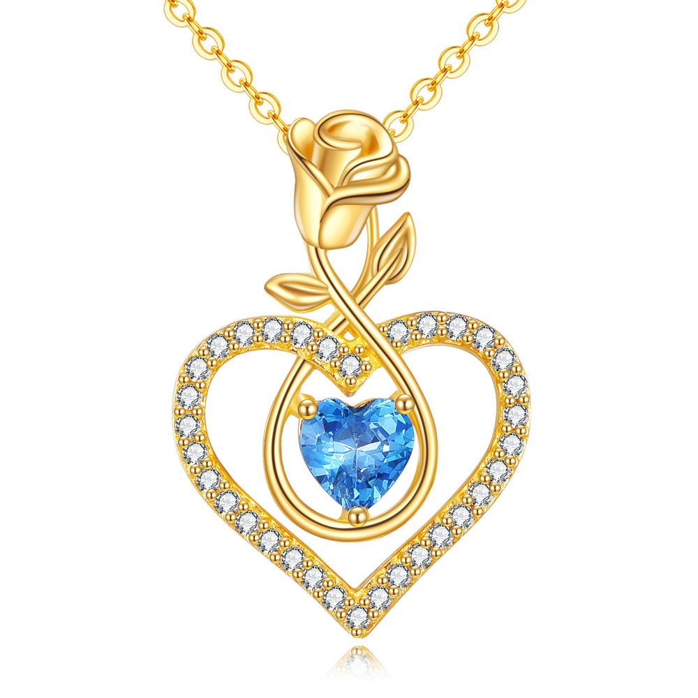10K Gold Cubic Zirconia Rose & Heart Pendant Necklace-1