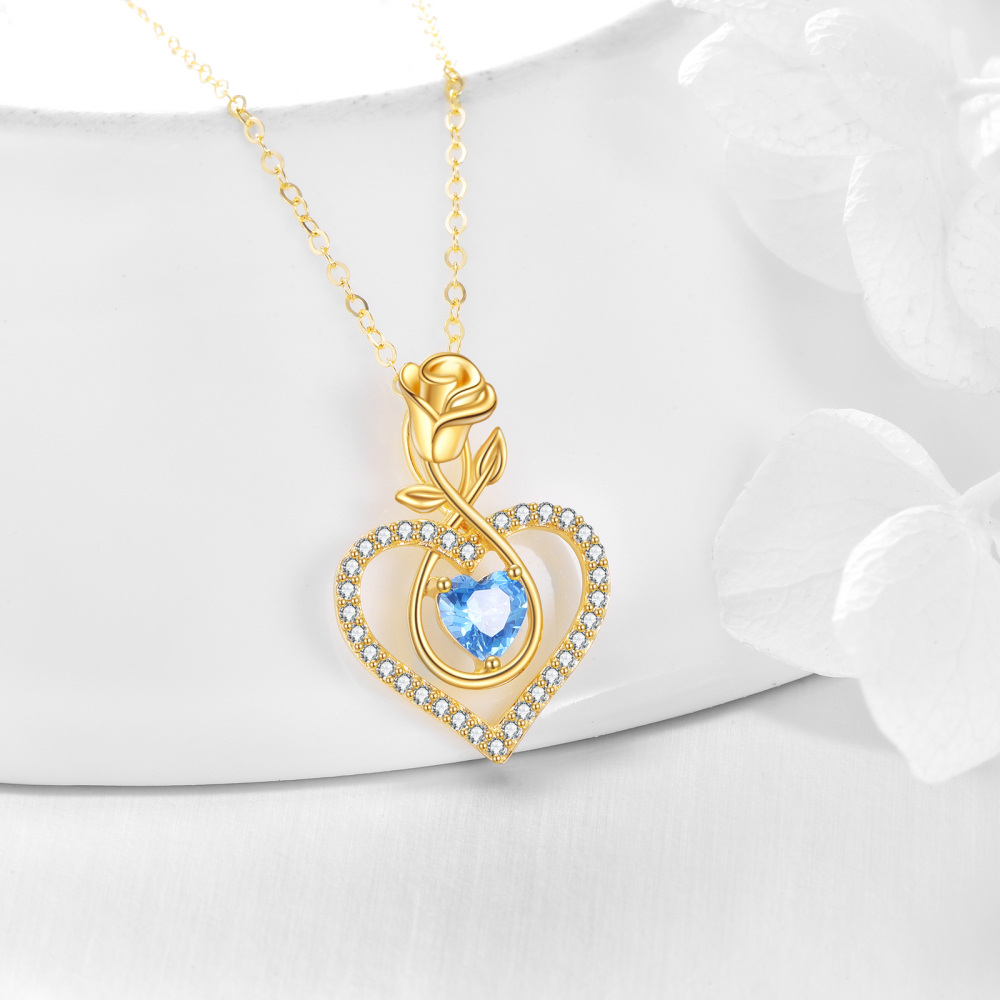 10K Gold Cubic Zirconia Rose & Heart Pendant Necklace-3