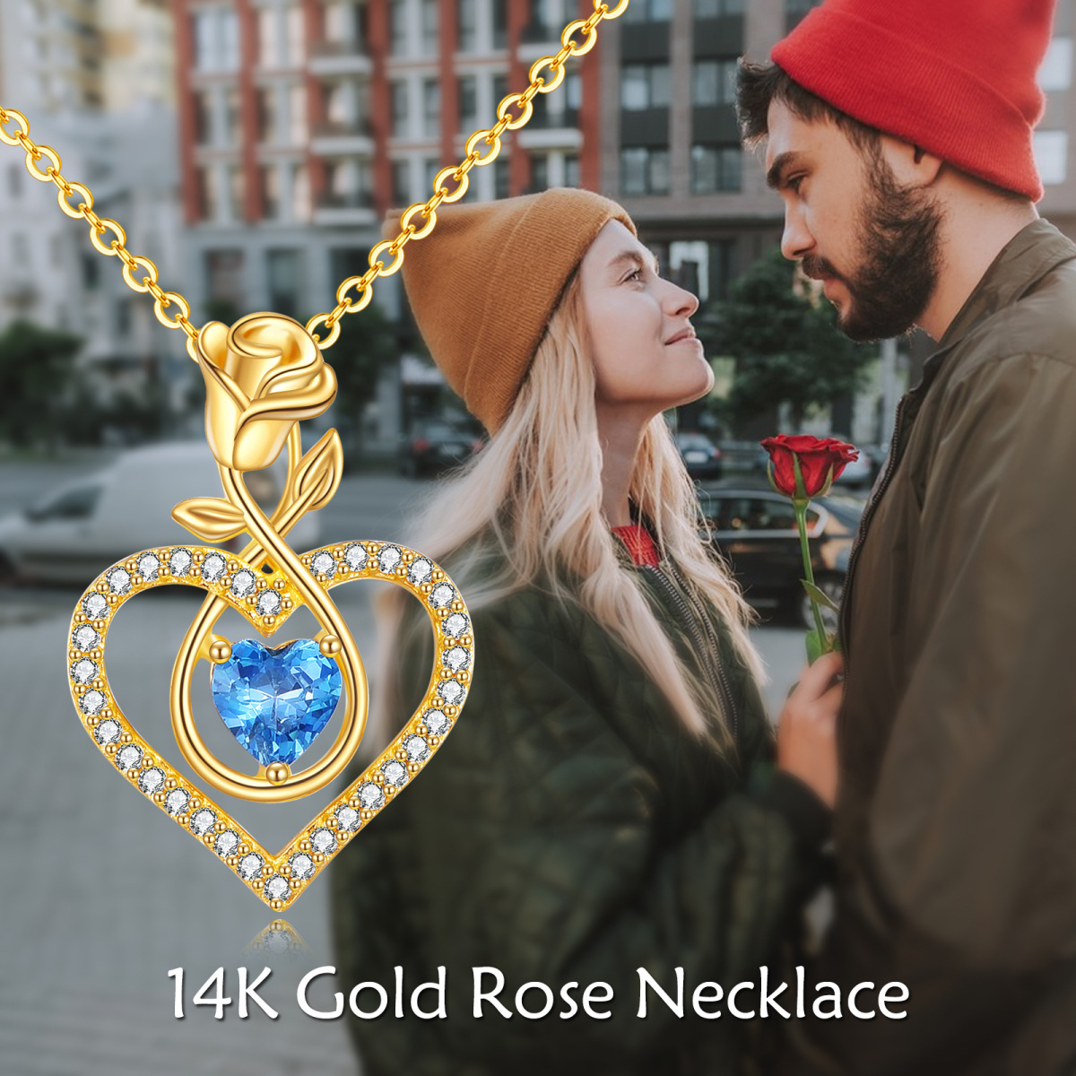 Collana con ciondolo a cuore e rosa con zirconia cubica in oro 14K-6