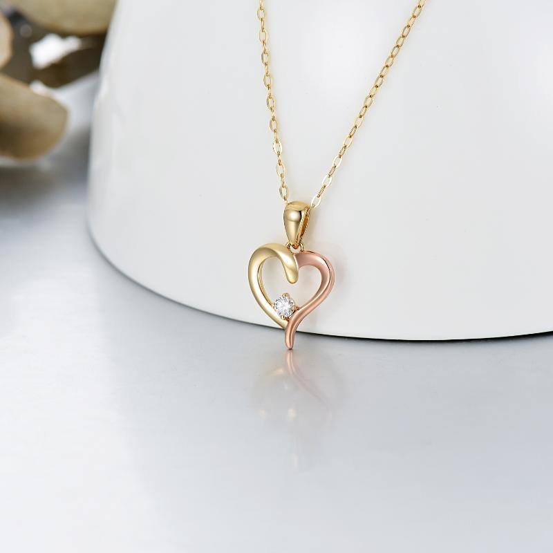 14K massief gouden tweekleurige ketting met harthanger en moissanite-3