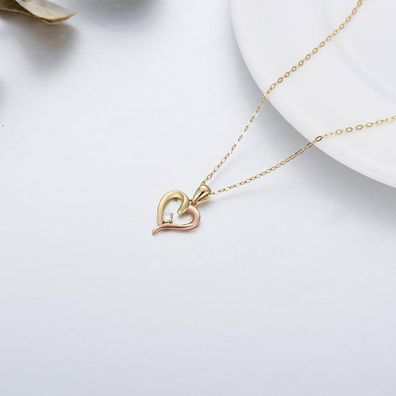 14K massief gouden tweekleurige ketting met harthanger en moissanite-4