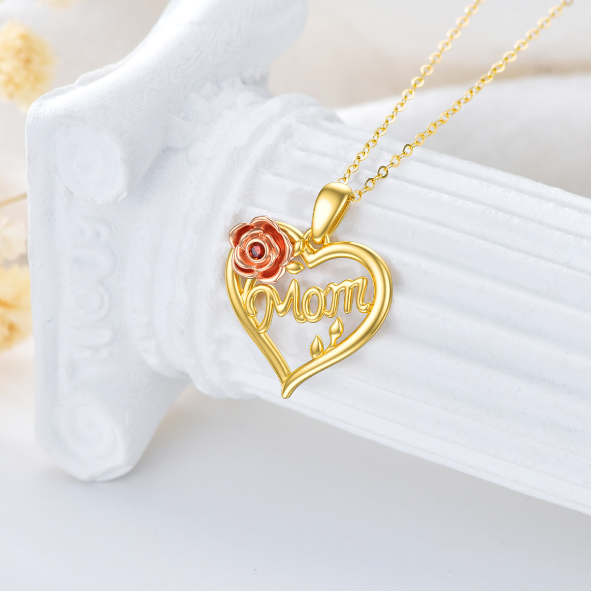 Collar con colgante de corazón y rosa de oro rosa y circonita cúbica de 14 quilates con palabra grabada para mujeres y mejores amigas-3