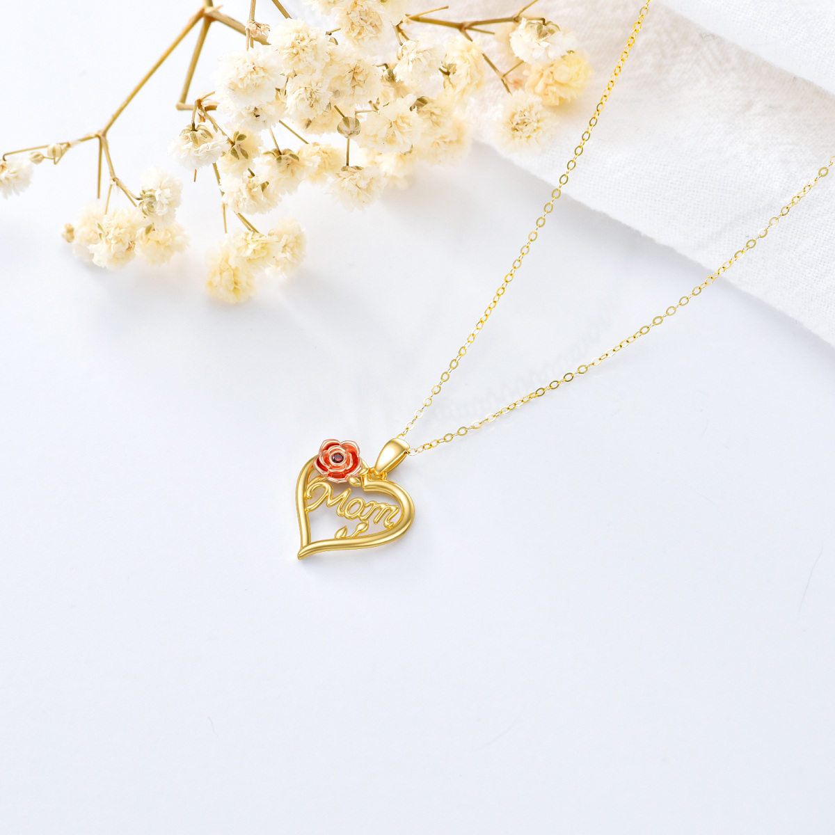 Collar con colgante de corazón y rosa de oro rosa y circonita cúbica de 14 quilates con palabra grabada para mujeres y mejores amigas-4