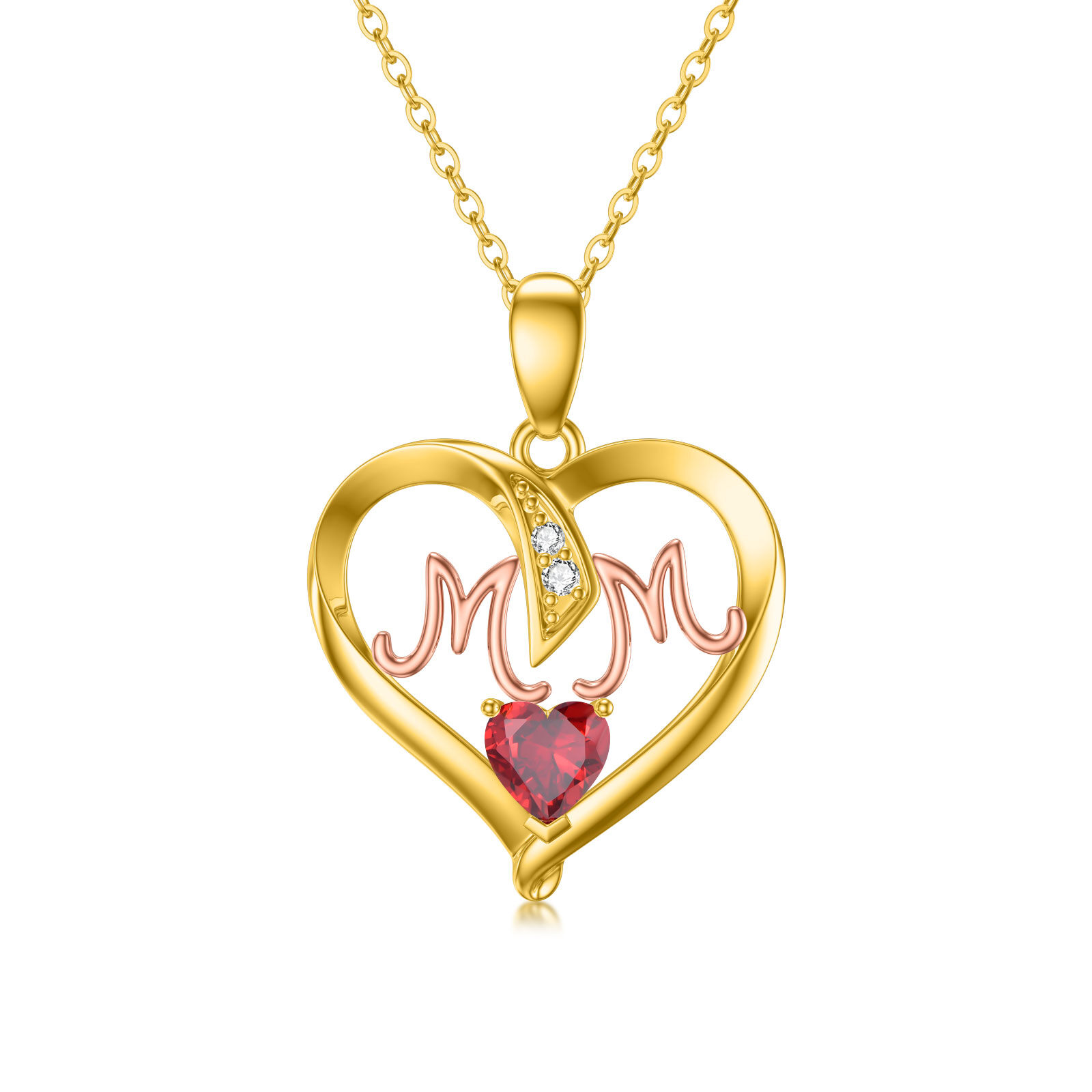 14K Gold & Rose Gold Heart Shaped Cubic Zirconia Heart Pendant Necklace with Engraved Word