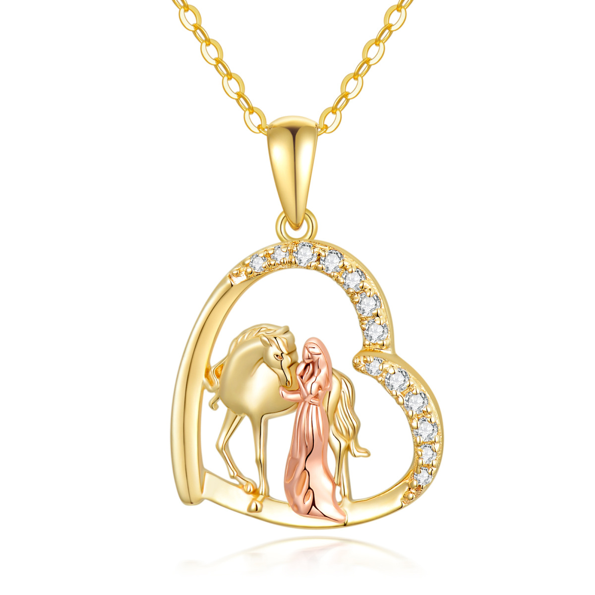 Colar com pingente de cavalo de zircônia cúbica de coração em ouro 14K e ouro rosa para mulheres melhores amigas-1