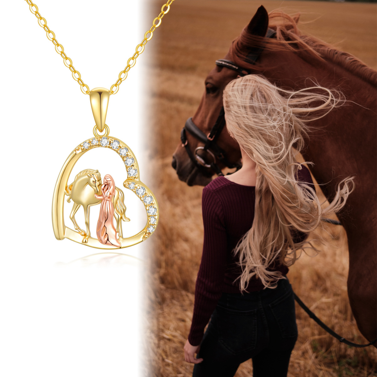 Colar com pingente de cavalo de zircônia cúbica de coração em ouro 14K e ouro rosa para mulheres melhores amigas-5