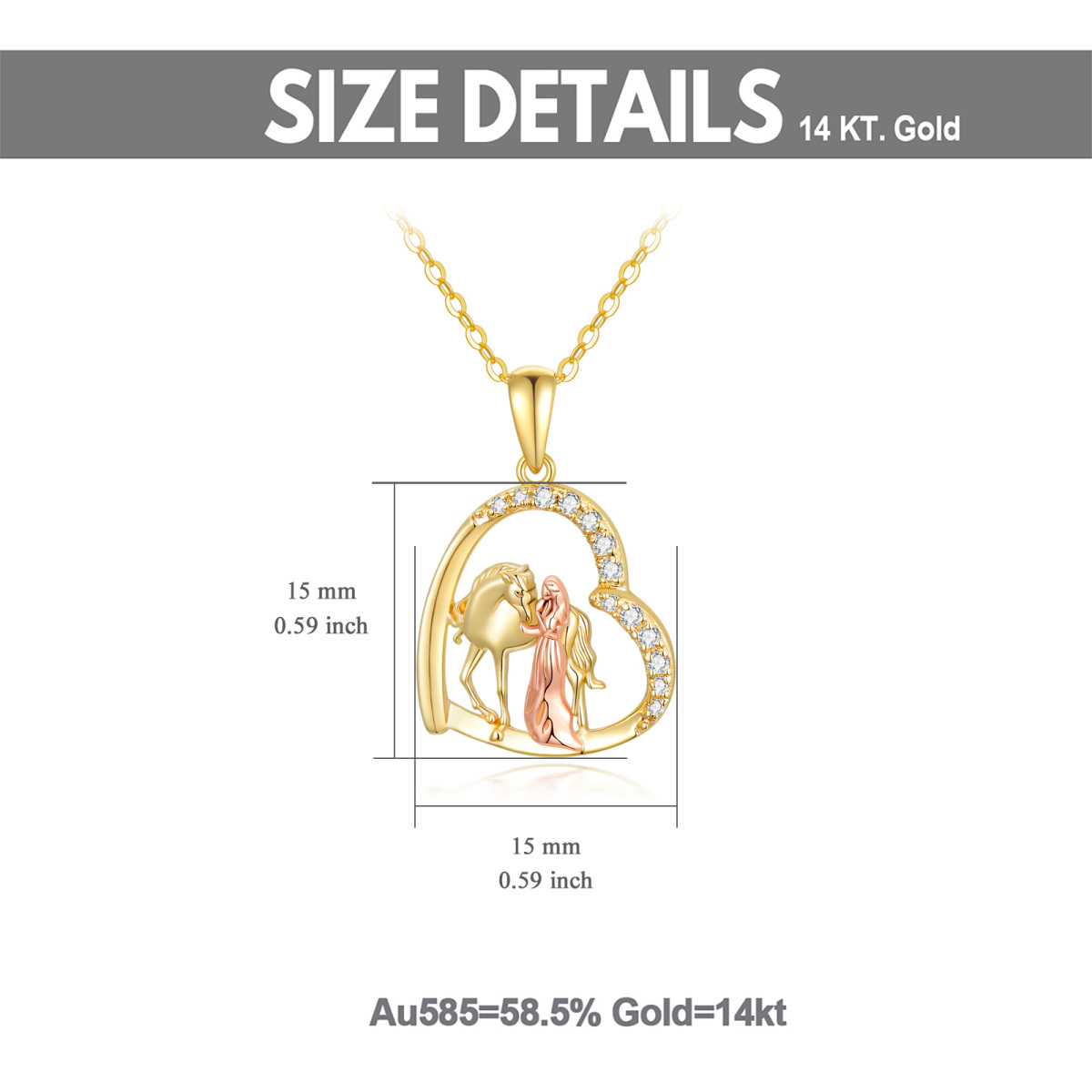 Colar com pingente de cavalo de zircônia cúbica de coração em ouro 14K e ouro rosa para mulheres melhores amigas-6