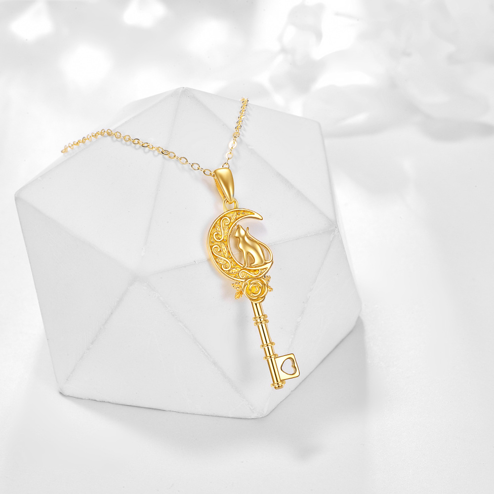 Collar con colgante de llave rosa y luna en oro de 10 quilates para mujer-3