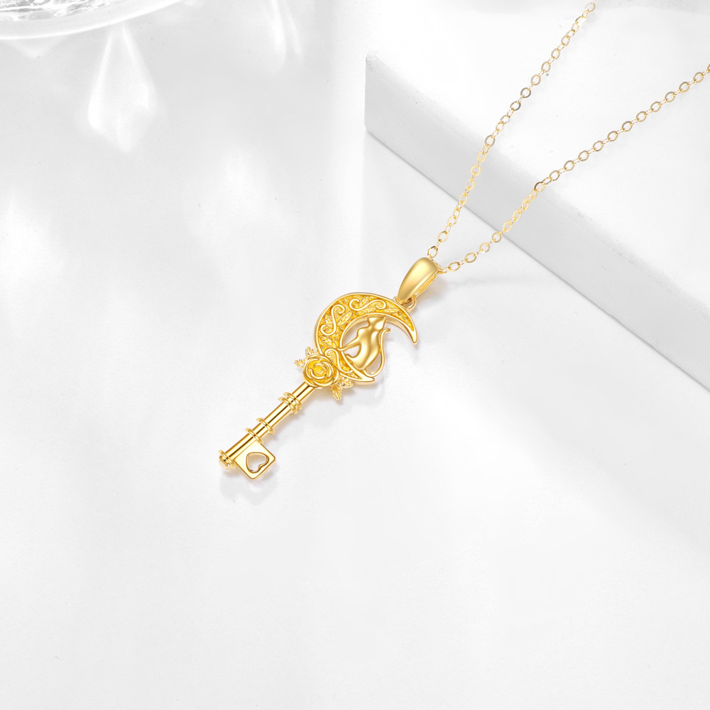Collar con colgante de llave rosa y luna en oro de 10 quilates para mujer-4