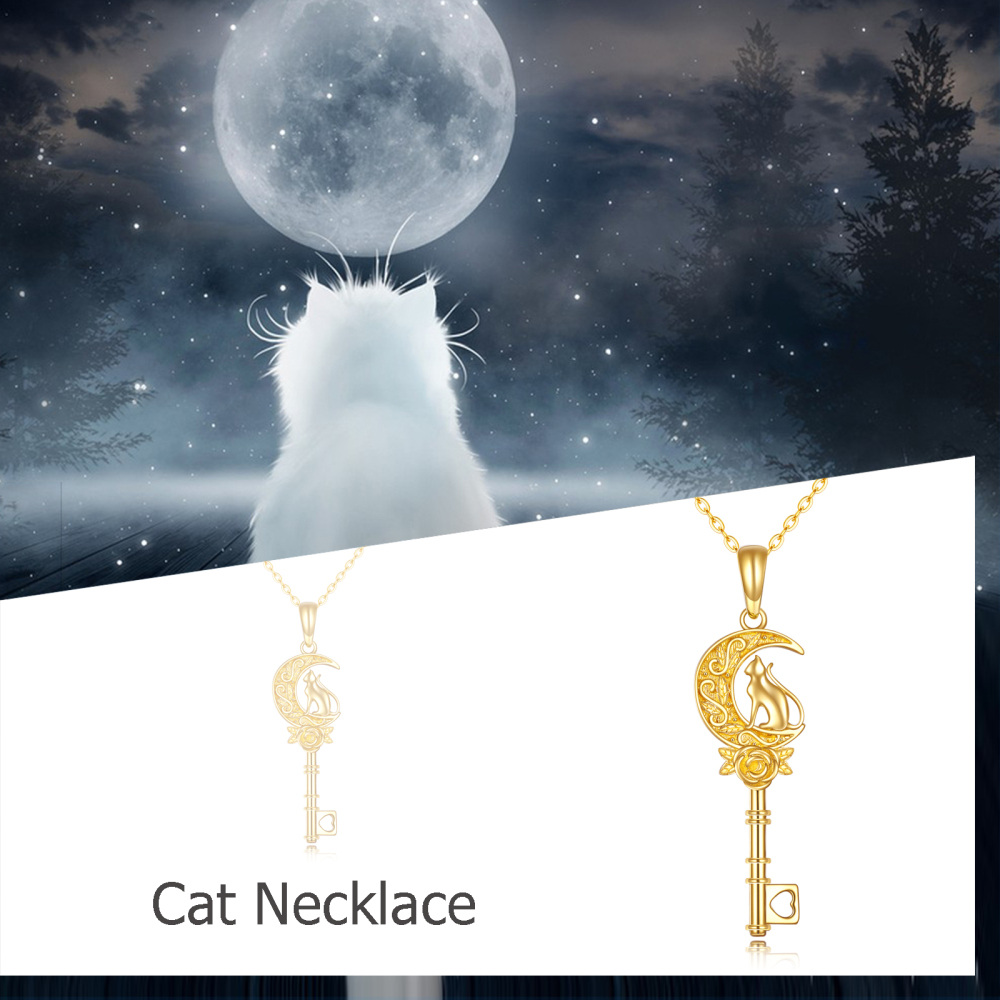 Collar con colgante de llave rosa y luna en oro de 10 quilates para mujer-6