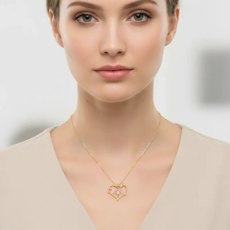 Collier pendentif en or 18K avec zircons cubiques, motif rose, « Mama » et cœur-2