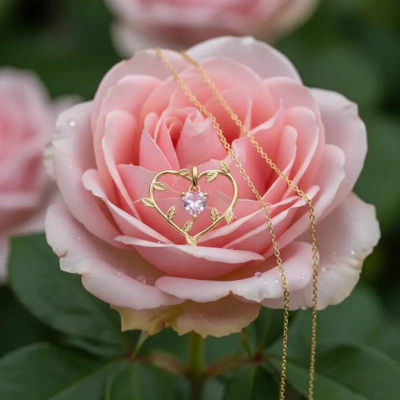 Collier pendentif en or 18K avec zircons cubiques, motif rose, « Mama » et cœur-3