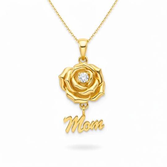 قلادة معلّق على شكل وردة من الذهب عيار 10K مع كلمة «ماما»