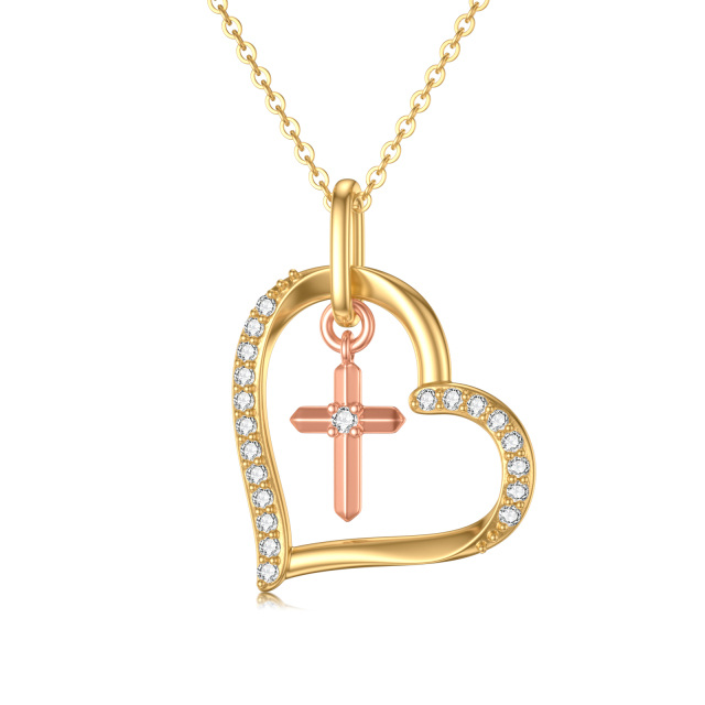 14K Gold & Rose Gold Moissanit Kreuz & Herz Anhänger Halskette