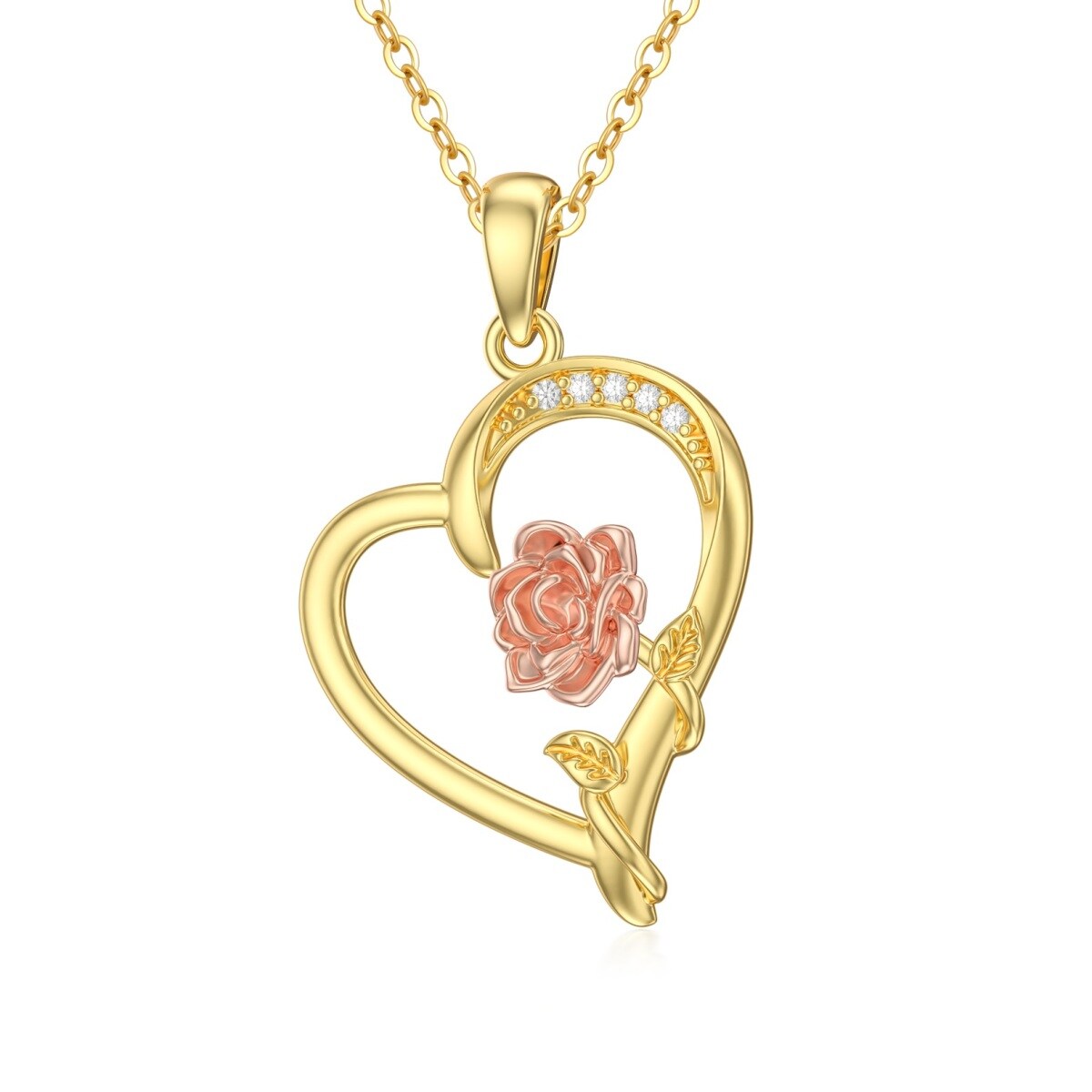 Collar con colgante de corazón y rosa de moissanita en dos tonos de oro de 14 quilates para mujer-1