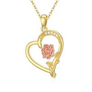 10K Gold Two Tone Moissanite Rose With Heart Pendant Necklace For Women-39