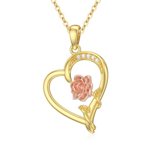 10K Gold Two Tone Moissanite Rose With Heart Pendant Necklace For Women