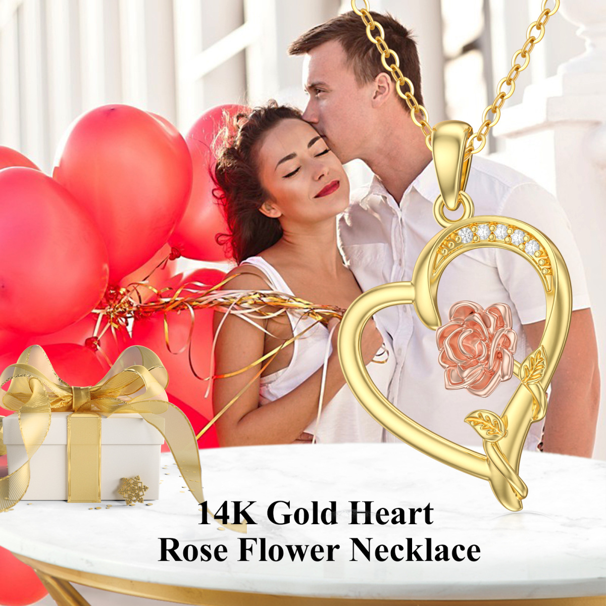 Collar con colgante de corazón y rosa de moissanita en dos tonos de oro de 14 quilates para mujer-5