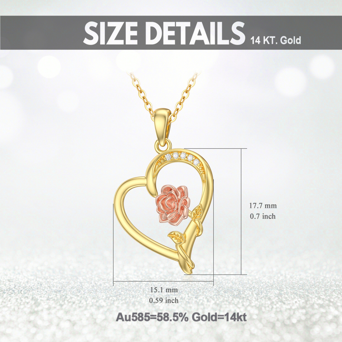 Collar con colgante de corazón y rosa de moissanita en dos tonos de oro de 14 quilates para mujer-6