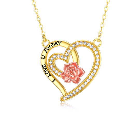 14K Gold & Rose Gold Moissanite Rose & Heart With Heart Pendant Necklace with Engraved Word