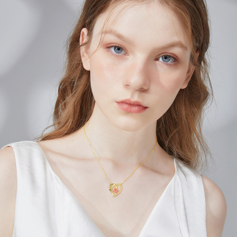 10K Gold Two-Tone Moissanite Rose Heart With Heart Pendant Necklace With Engraved Word For Women-2