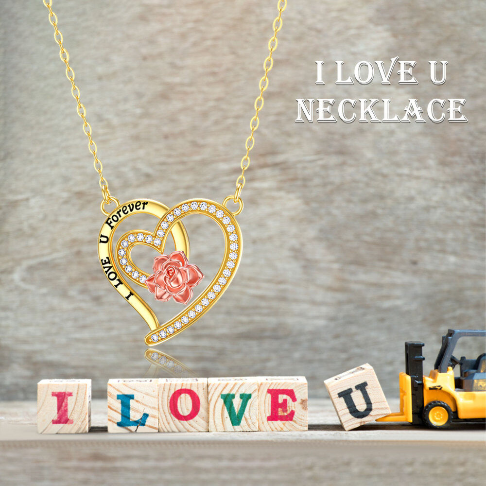 Collar con colgante de corazón de rosa de moissanita de dos tonos de oro de 14 quilates con palabra grabada para mujer-3