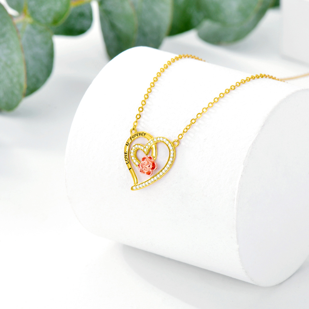 Collar con colgante de corazón de rosa de moissanita de dos tonos de oro de 14 quilates con palabra grabada para mujer-4