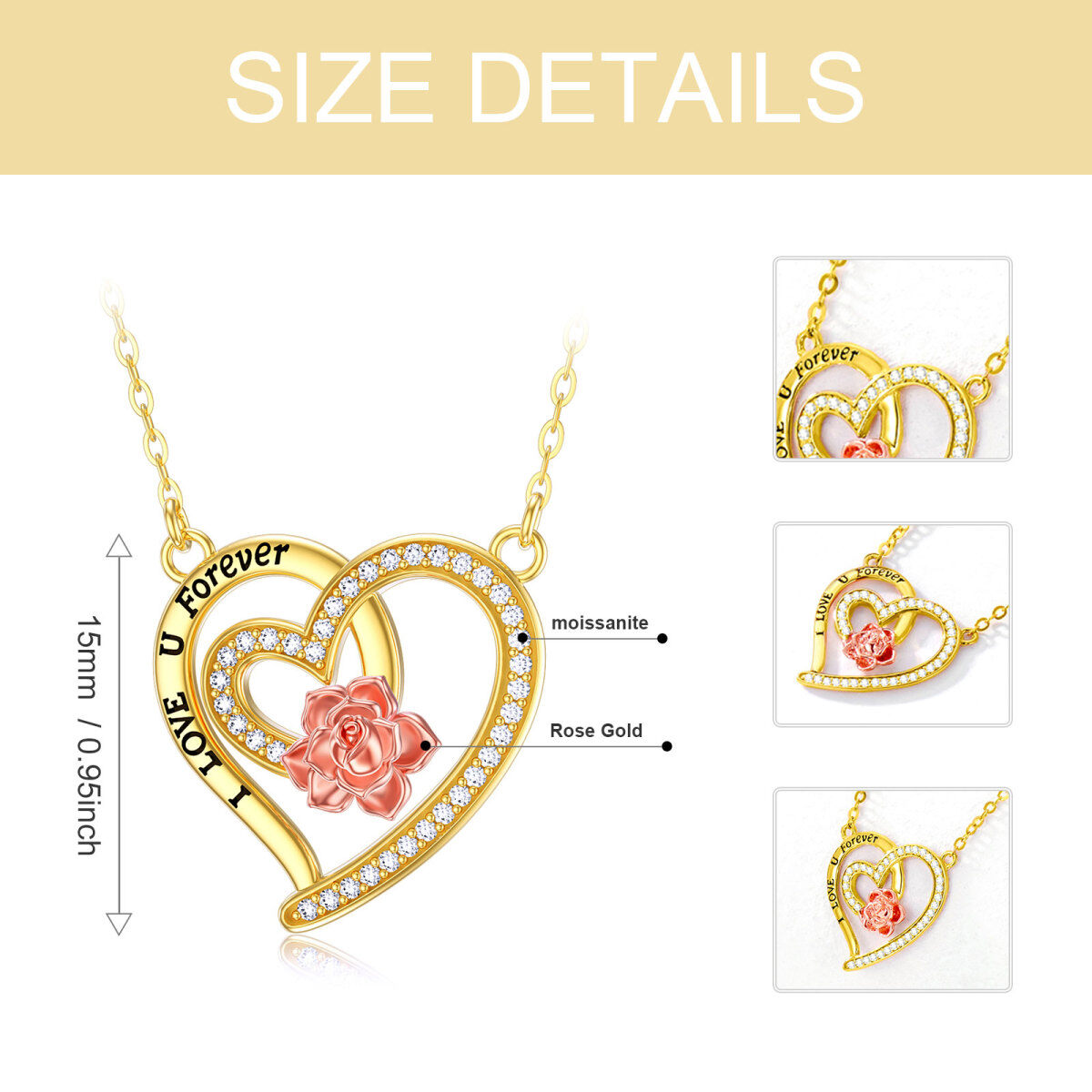 14K Gold Two-Tone Moissanite Rose Heart With Heart Pendant Necklace With Engraved Word For Women-6