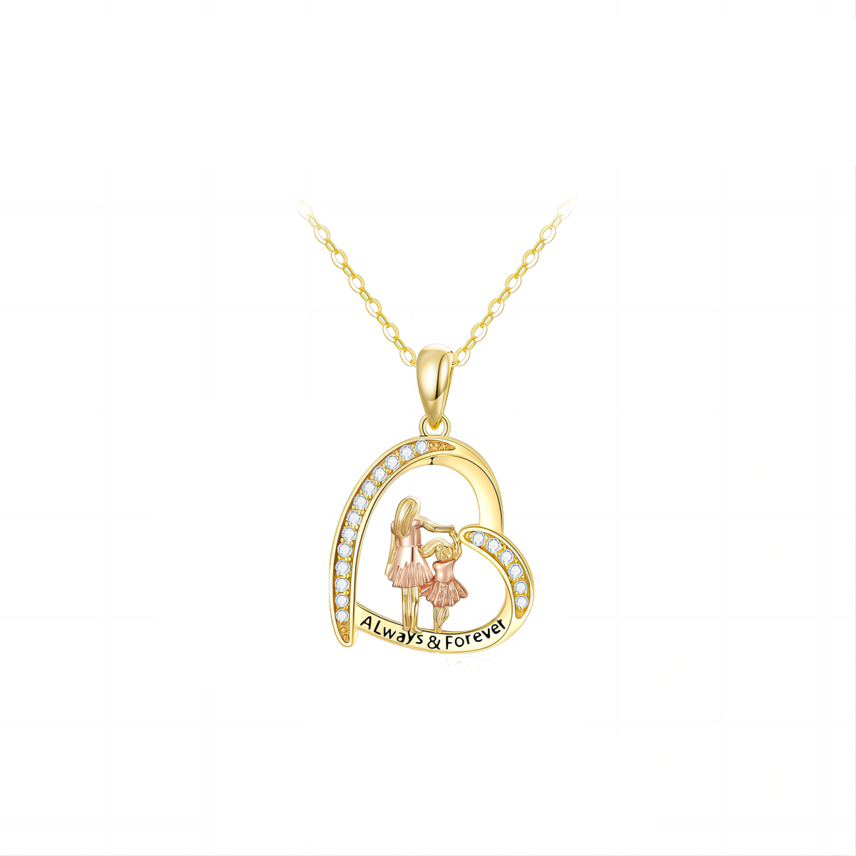 10K Two-Tone Cubic Zirconia Mother With Daughter Heart Pendant Necklace For Women Best Friend-1