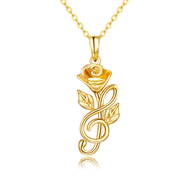 Collier avec pendentif en or 14K en forme de rose et symbole de musique