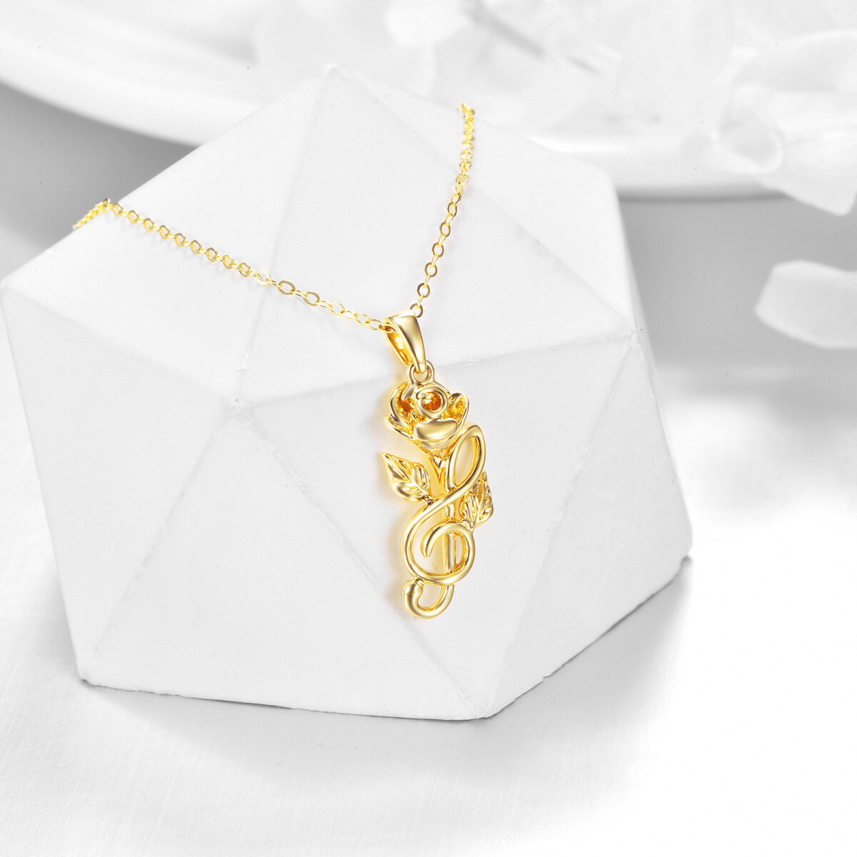 Colar com pingente de rosa e símbolo de música em ouro 14K-3