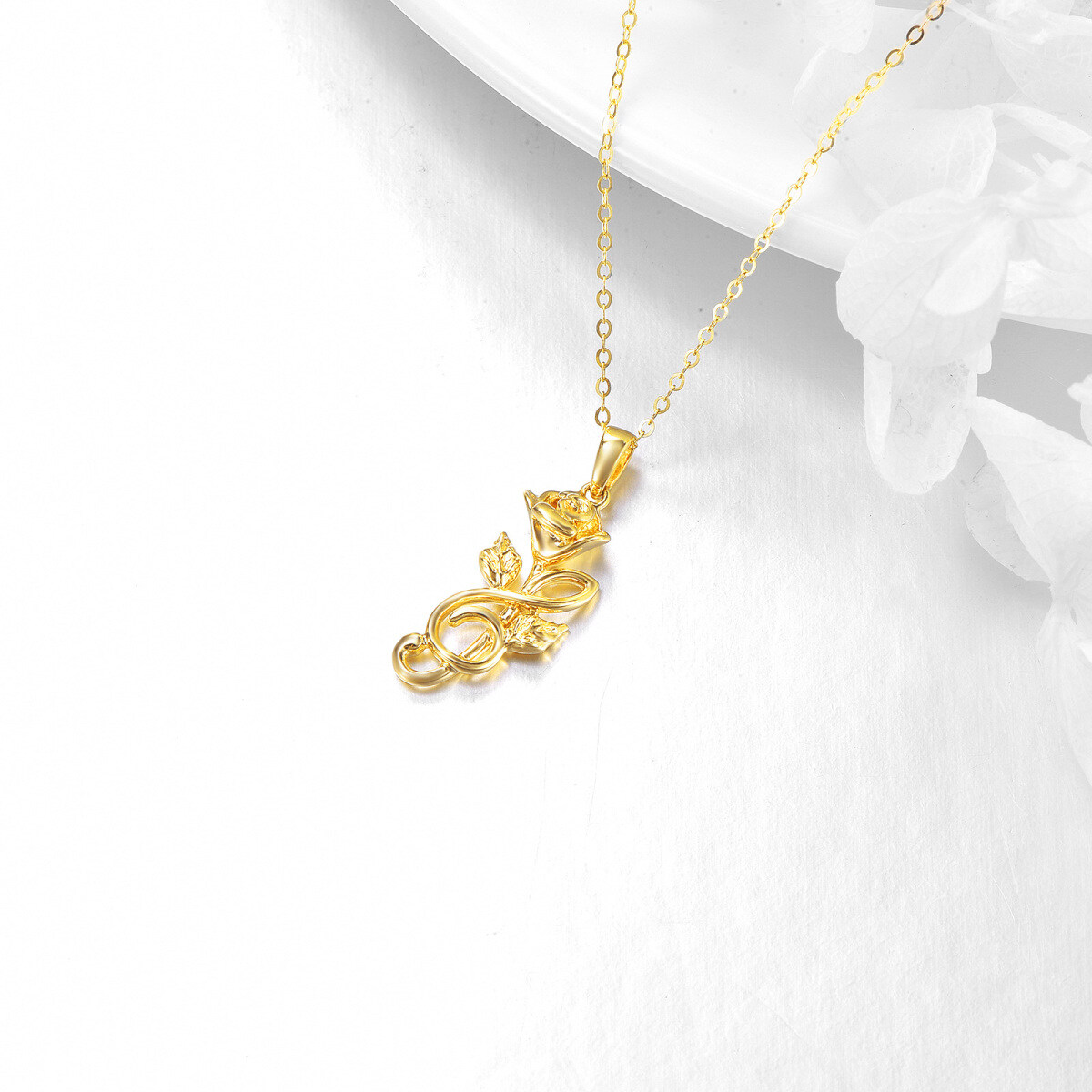 14K Gold Rose & Music Symbol Pendant Necklace-4