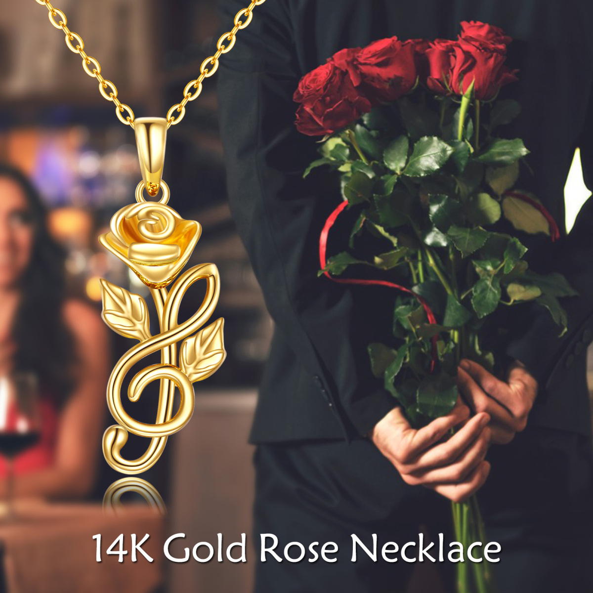 Collana con ciondolo a forma di rosa e simbolo musicale in oro 14K-6