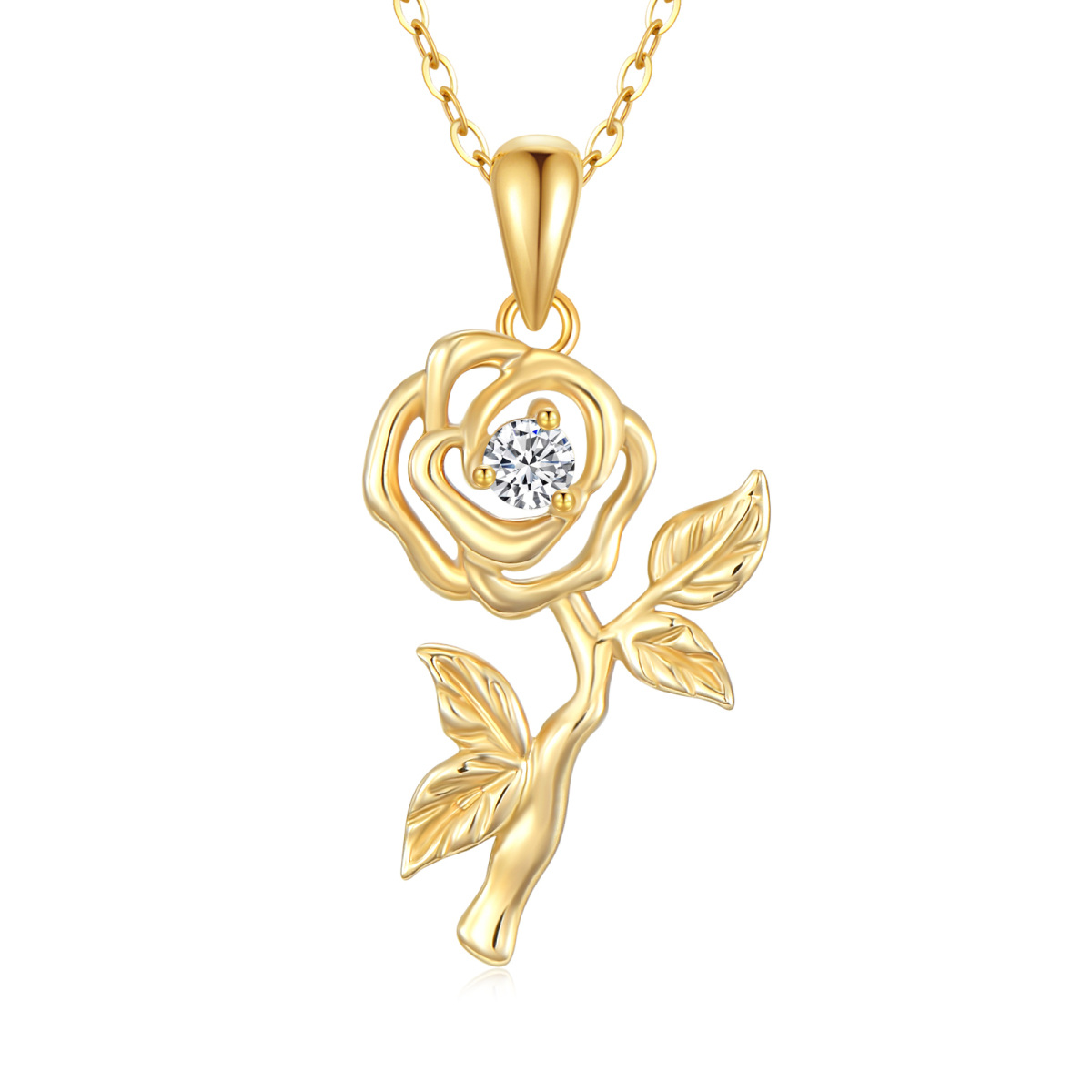 14K Gold Cubic Zirconia Rose Pendant Necklace-1