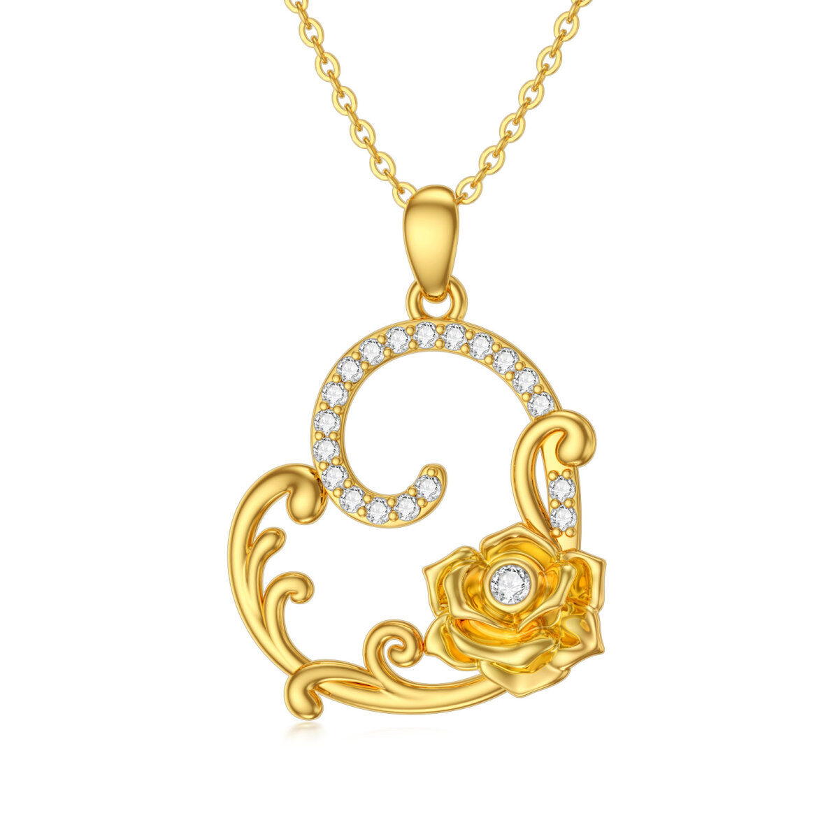 10K Gold Cubic Zirconia Rose Pendant Necklace-1