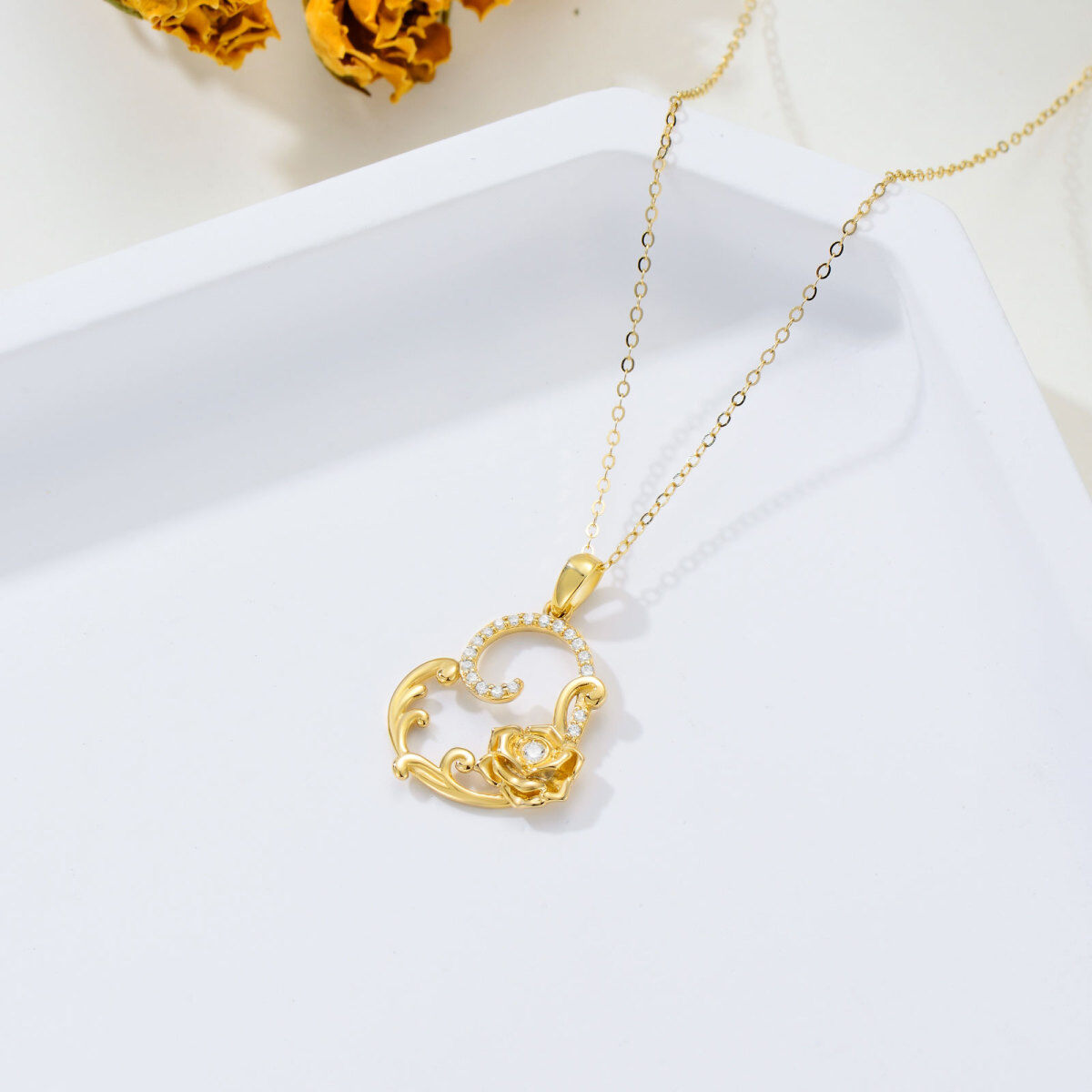 14K Gold Cubic Zirkonia Rose Anhänger Halskette-4