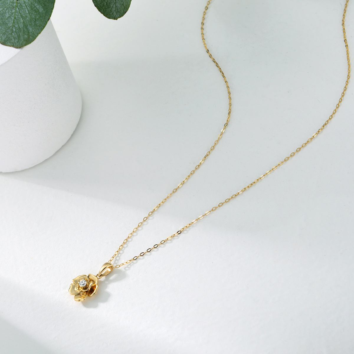 14K Gold Cubic Zirconia Rose Pendant Necklace-4