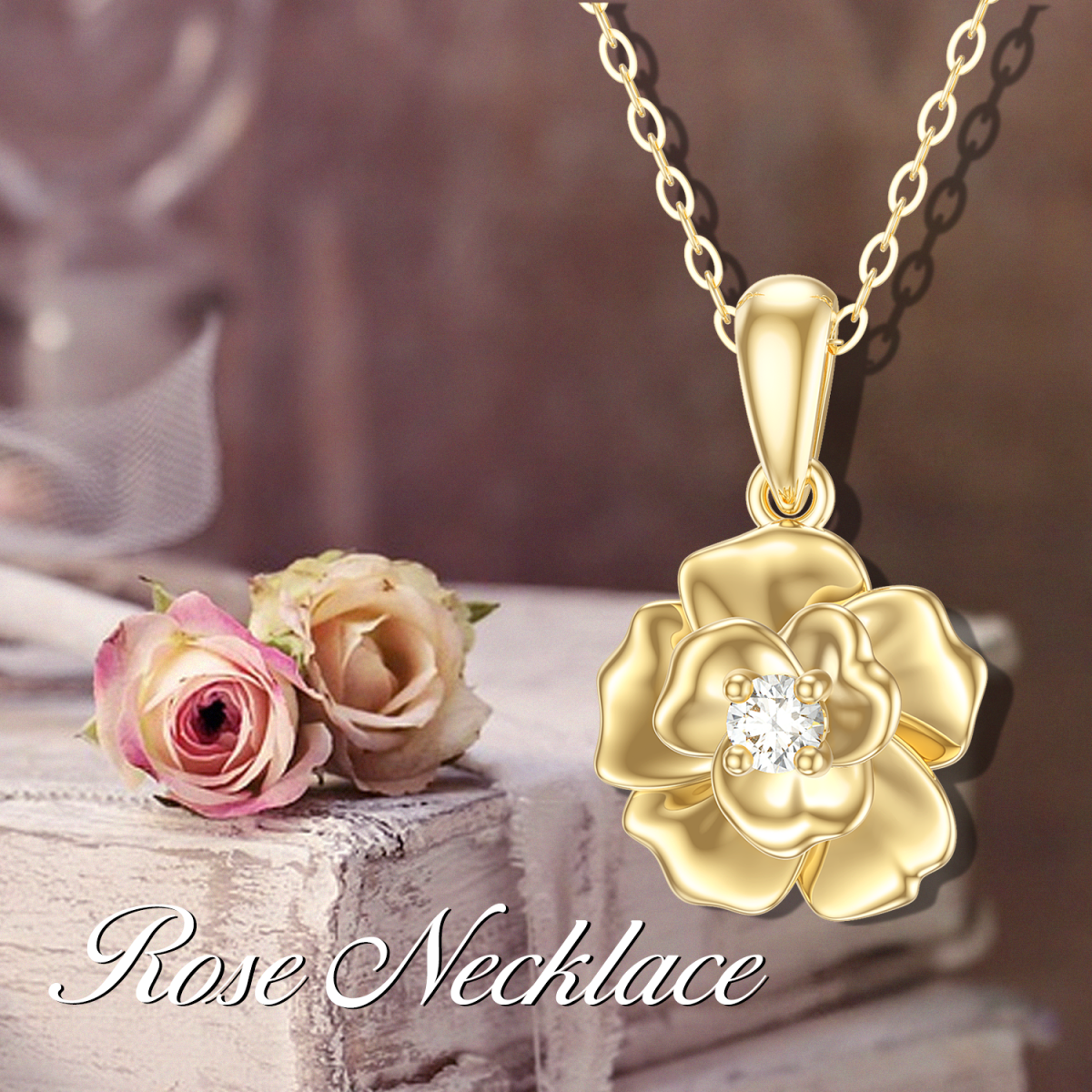 14K Gold Cubic Zirconia Rose Pendant Necklace-5