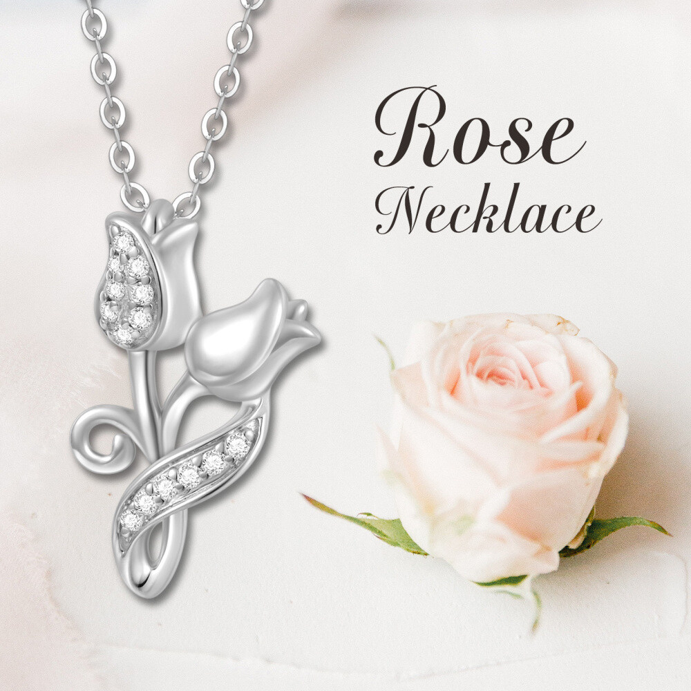 10K White Gold Cubic Zirconia Rose Pendant Necklace-3