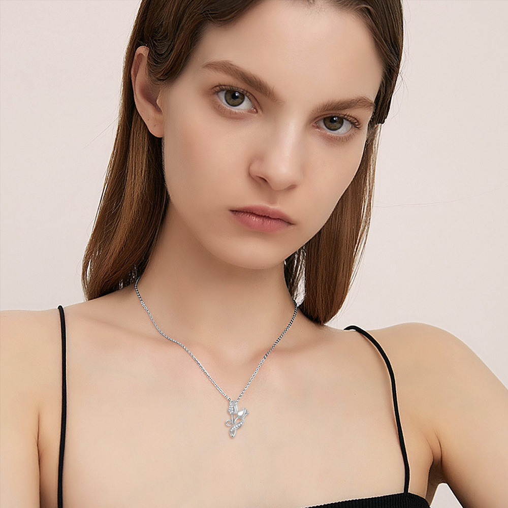 10K White Gold Cubic Zirconia Rose Pendant Necklace-2
