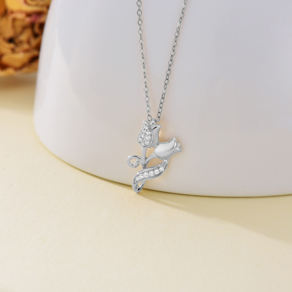 10K White Gold Cubic Zirconia Rose Pendant Necklace-4