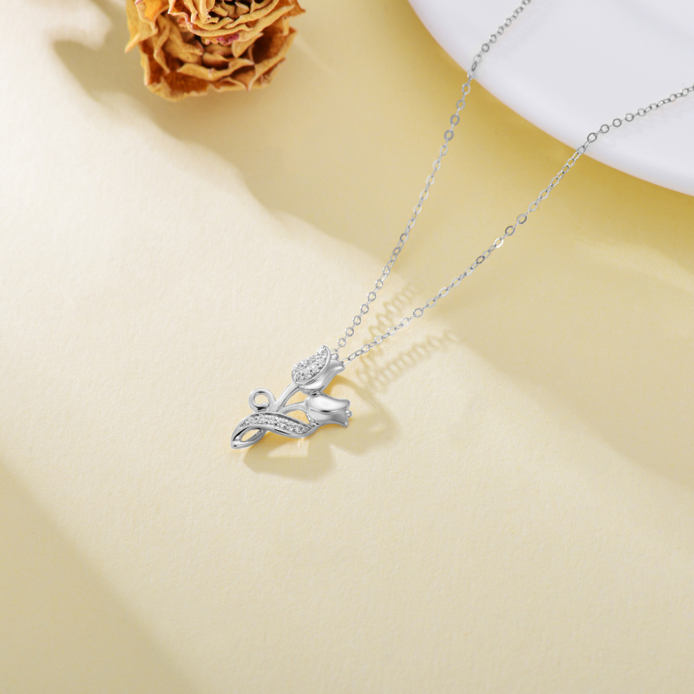 10K White Gold Cubic Zirconia Rose Pendant Necklace-5