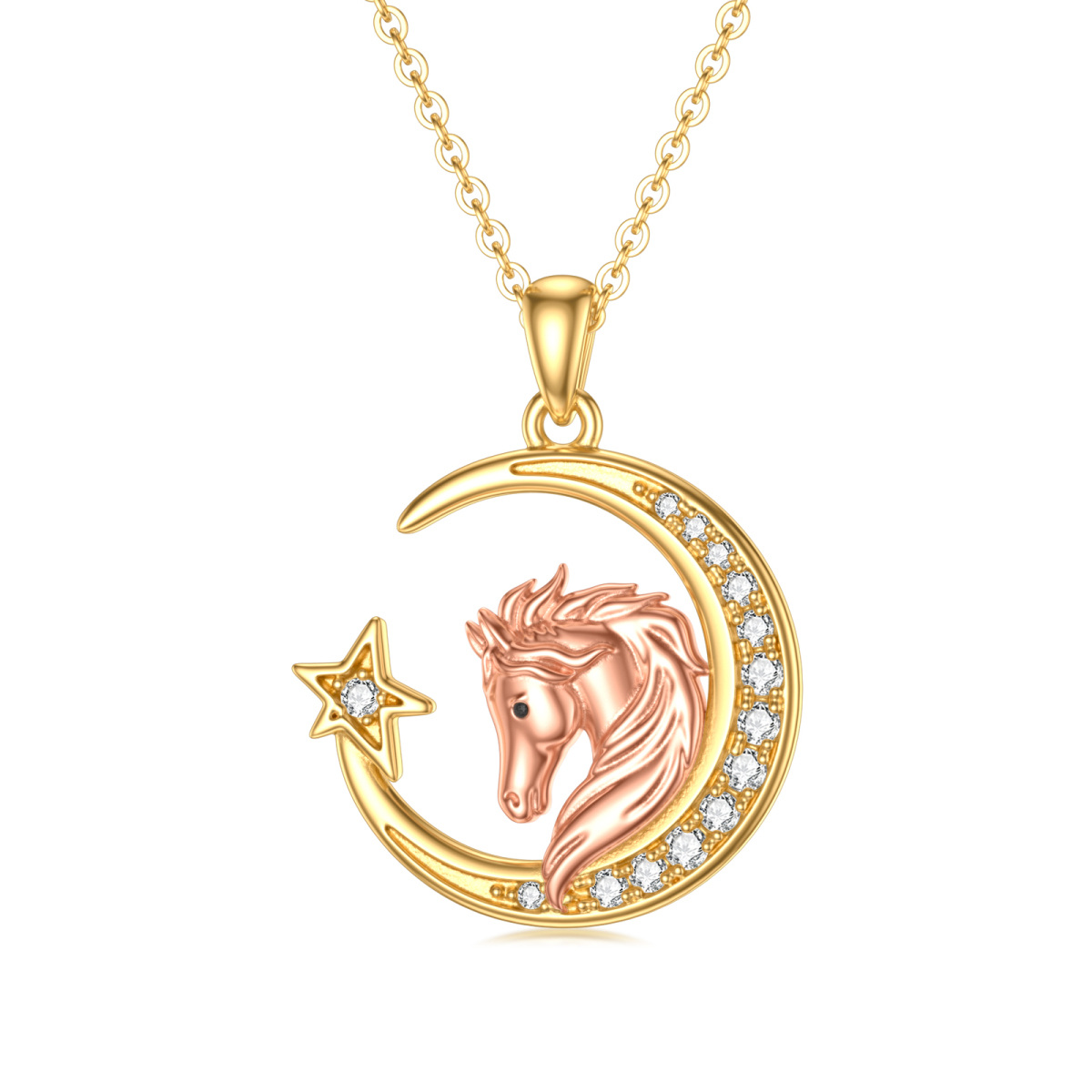 10K Gold & Rose Gold Round Moissanite Horse With Moon Star Pendant Necklace For Women-1