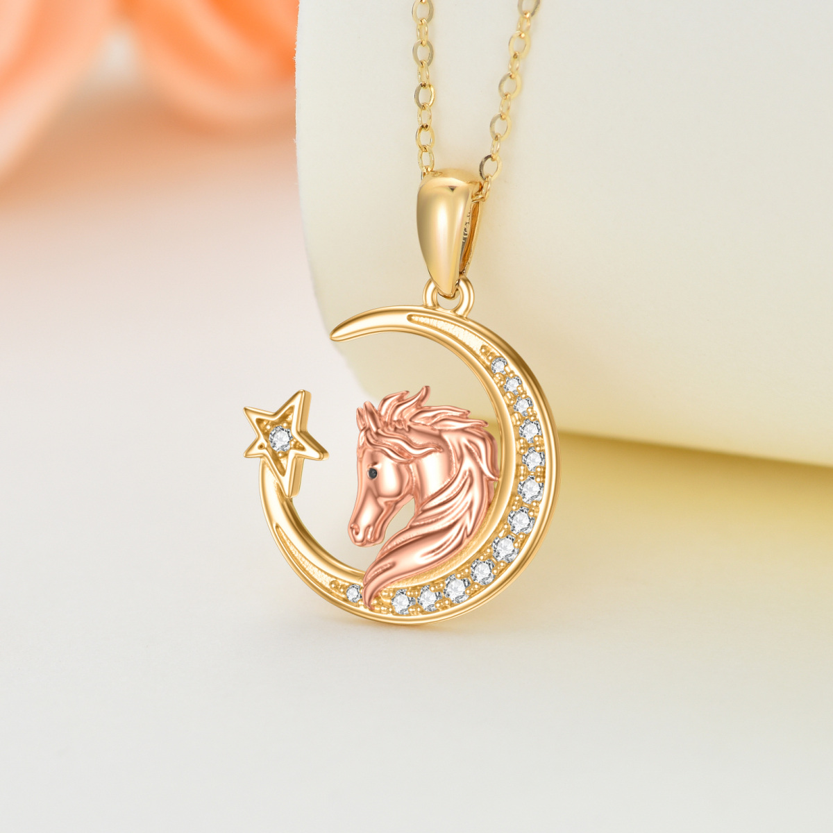 Collier rond avec pendentif cheval en Moissanite et étoile de lune, en or Rose et or 14 carats, pour femmes-3