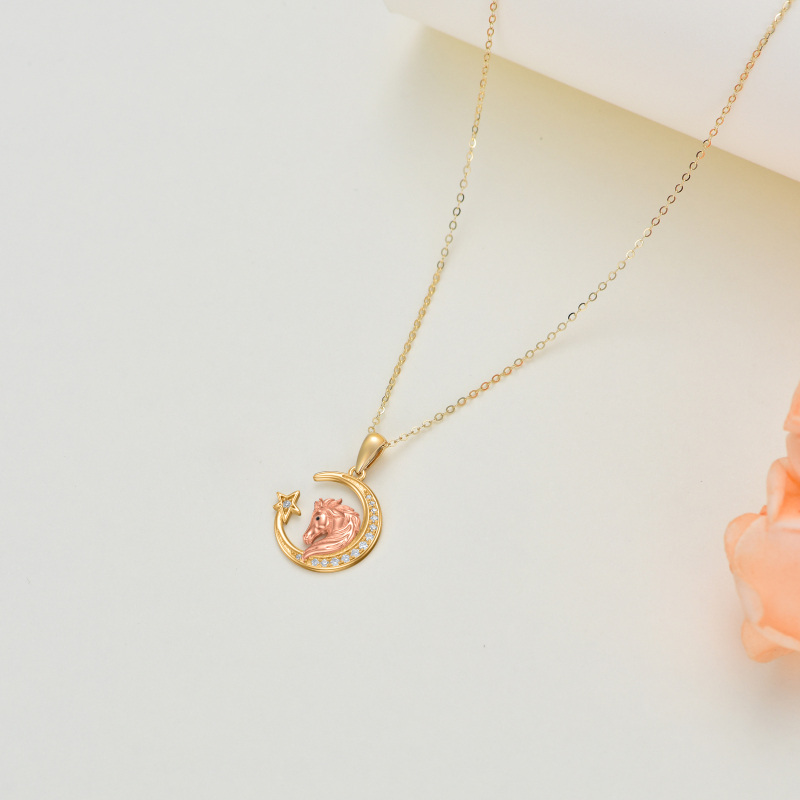 14K Gold & Rose Gold Round Moissanite Horse With Moon Star Pendant Necklace For Women-4