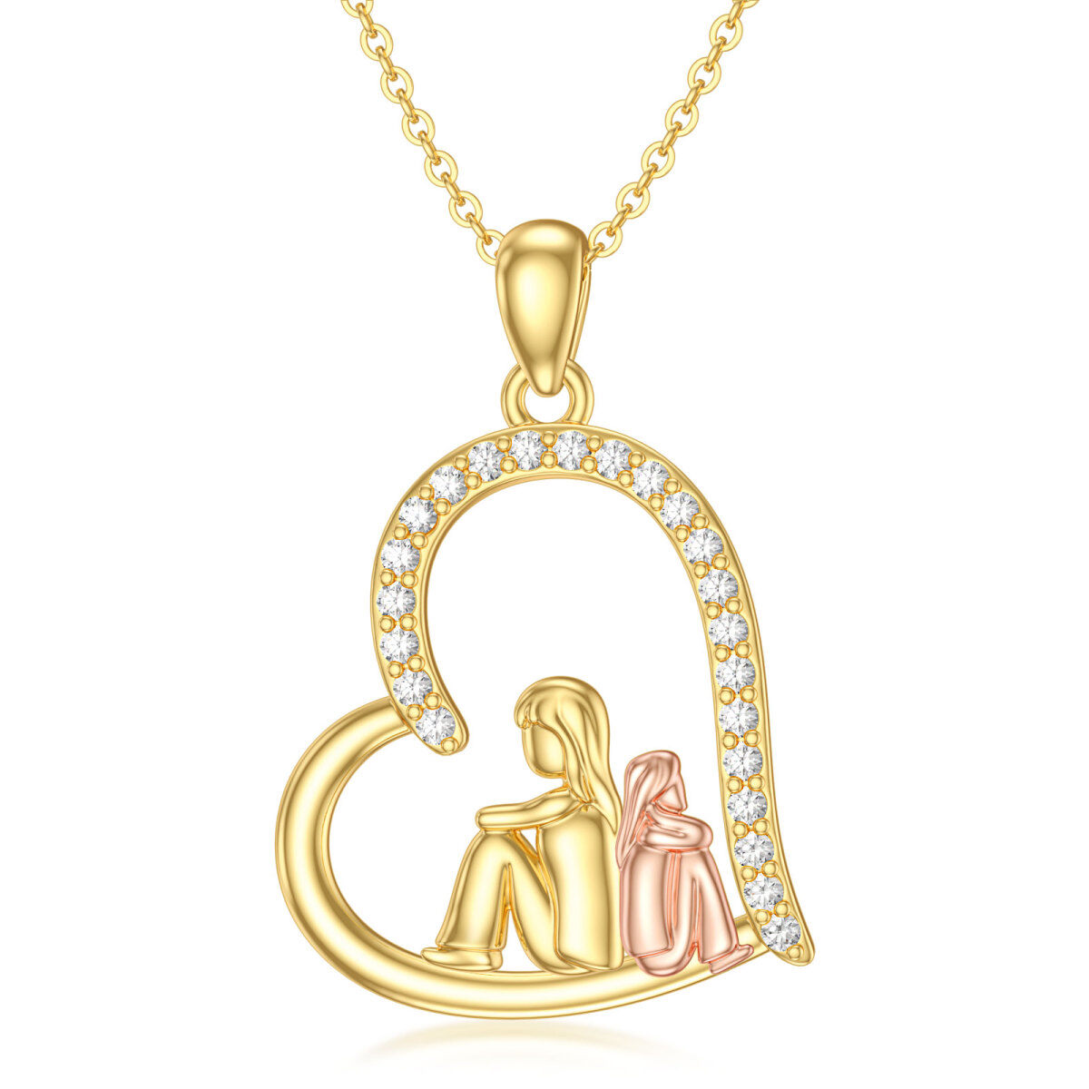 Collier pendentif mère et fille en or 14 carats avec zircons cubiques ronds bicolores-1