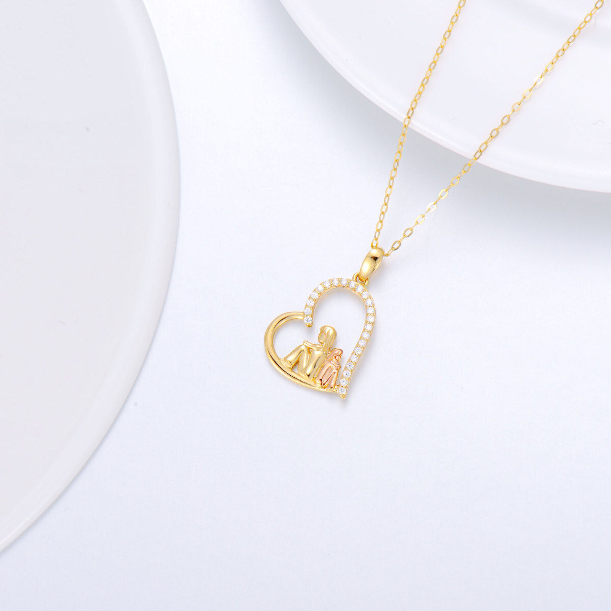 14K Gold Two-Tone Round Cubic Zirconia Mother & Daughter Pendant Necklace-4